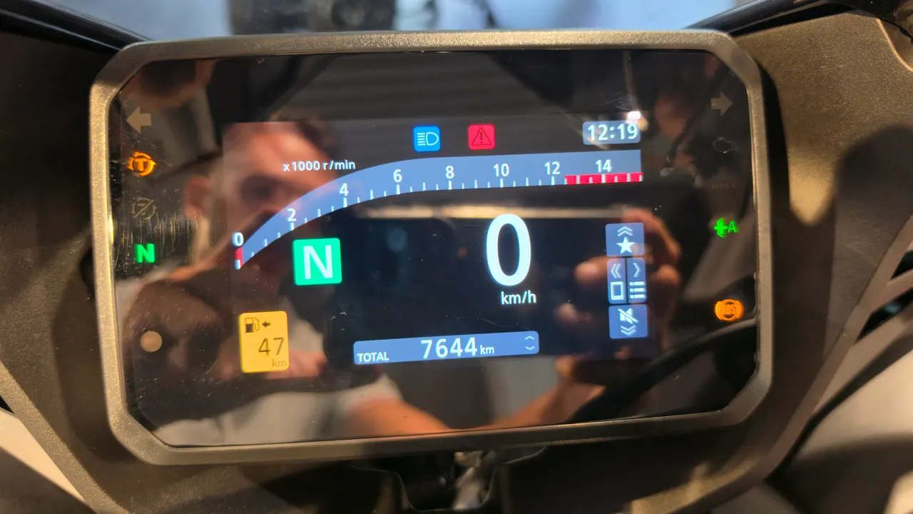 Cuadro de instrumentos digital de una Honda CBR650R mostrando 0 km/h