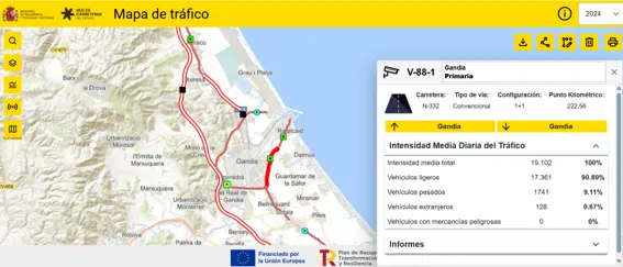 Pantalla de mapa de tráfico con información de la carretera N-332 cerca de Gandía.