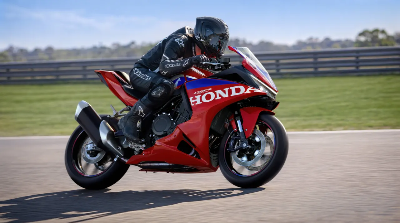 Honda CBR500R FOUR 2027 roja inclinando en pista
