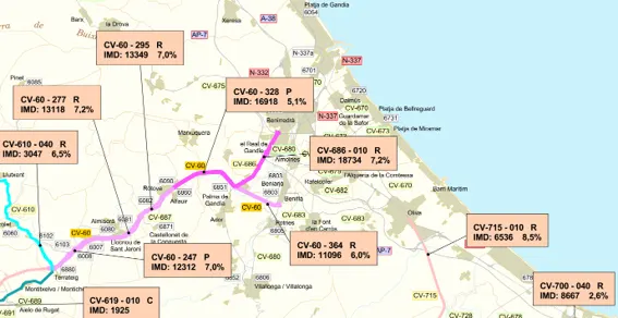 Mapa de carreteras con puntos de información de tráfico y tramos destacadosde la Safor.
