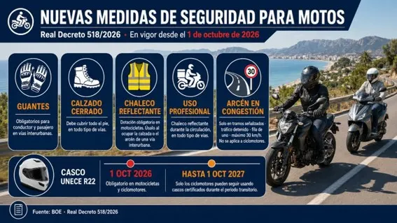 Ilustración de nuevas medidas de seguridad para motos con iconos y texto explicativo, y dos personas montando moto en carretera con mar y montañas al fondo.