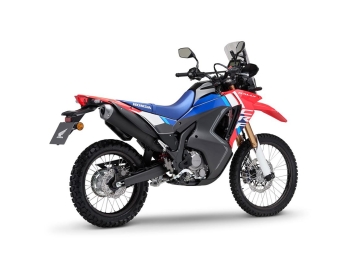 preciosa CRF300 Rally 2025 con asiento en azul y carenado en negro rojo y azul
